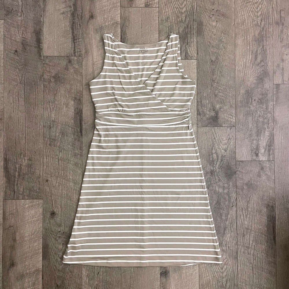 Eddie Bauer Womens Tan White Striped Sleeveless Faux Wrap V-Neck Dress Medium